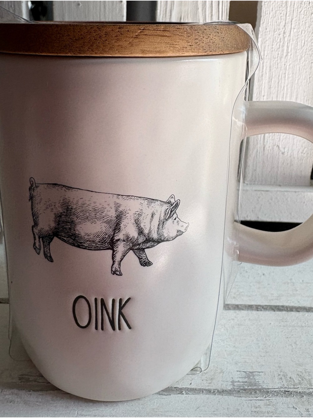 Rae Dunn White Ceramic Pig Mug with Wood Lid